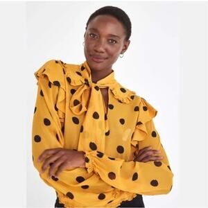 Farm Rio Blouse Womens X-Small Polka Dot Top Yellow & Black Preppy Glam Modern
